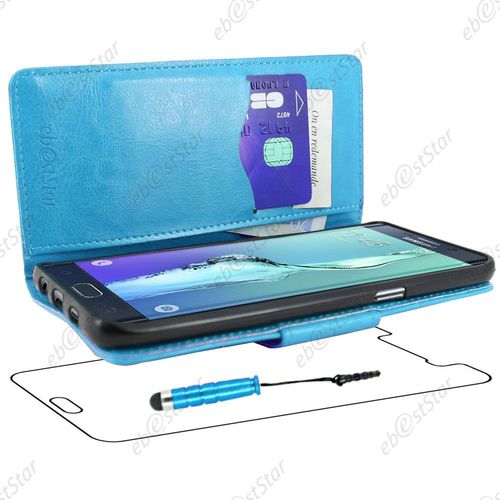Ebeststar ® Housse Coque Etui Portefeuille Support Folio Simi Cuir Pour Samsung Galaxy S6 Edge Sm-G925f G925, Couleur Bleu + Mini Stylet + 1 Film Protection D'écran + Lingette
