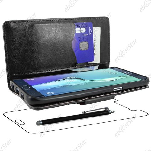 Ebeststar ® Housse Coque Etui Portefeuille Support Folio Simi Cuir Pour Samsung Galaxy S6 Edge Sm-G925f G925, Couleur Noir + Stylet + 1 Film Protection D'écran + Lingette