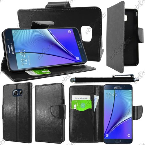 Ebeststar ® Housse Coque Etui Portefeuille Support Folio Simi Cuir Pour Samsung Galaxy Note5 Sm-N920f Note 5, Couleur Noir + Stylet + 1 Film Protection D'écran + Lingette