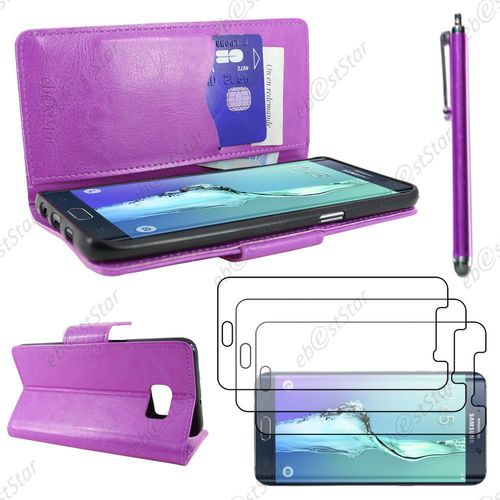 Ebeststar ® Housse Coque Etui Portefeuille Support Folio Simi Cuir Pour Samsung Galaxy S6 Edge Sm-G925f G925, Couleur Violet + Stylet 3 Film Plastique
