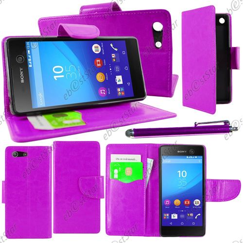 Ebeststar ® Housse Coque Etui Portefeuille Support Folio Simi Cuir Pour Sony Xperia M5, M5 Dual, Couleur Violet + Stylet + 1 Film Protection D'écran + Lingette
