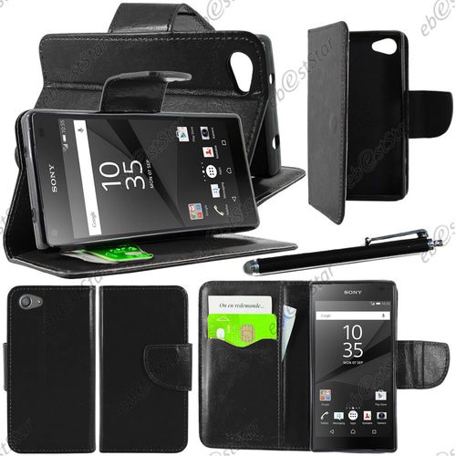 Ebeststar ® Housse Coque Etui Portefeuille Support Folio Simi Cuir Pour Sony Xperia Z5 Compact, Couleur Noir + Stylet + 1 Film Protection D'écran + Lingette