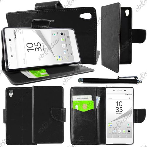 Ebeststar ® Housse Coque Etui Portefeuille Support Folio Simi Cuir Pour Sony Xperia Z5, Z5 Dual, Couleur Noir + Stylet + 1 Film Protection D'écran + Lingette