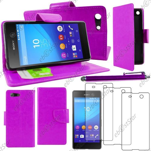 Ebeststar ® Housse Coque Etui Portefeuille Support Folio Simi Cuir Pour Sony Xperia M5, M5 Dual, Couleur Violet + Stylet 3 Film Plastique