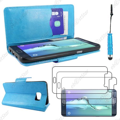 Ebeststar ® Housse Coque Etui Portefeuille Support Folio Simi Cuir Pour Samsung Galaxy S6 Edge Sm-G925f G925, Couleur Bleu + Mini Stylet 3 Film Plastique