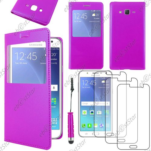 Ebeststar ® Housse Coque Etui Style View Portefeuille Pour Samsung Galaxy J7 Sm-J700f J700h, Couleur Violet + Mini Stylet 3 Film Plastique