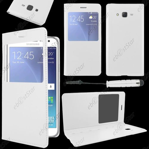 Ebeststar ® Housse Coque Etui Style View Portefeuille Pour Samsung Galaxy J5 Sm-J500f, Couleur Blanc + Mini Stylet + 1 Film Protection D'écran + Lingette