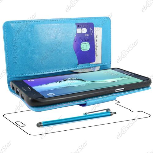 Ebeststar ® Housse Coque Etui Portefeuille Support Folio Simi Cuir Pour Samsung Galaxy S6 Edge Sm-G925f G925, Couleur Bleu + Stylet + 1 Film Protection D'écran + Lingette