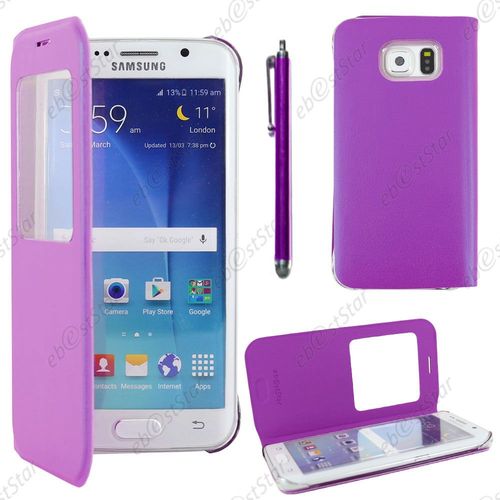 Ebeststar ® Housse Coque Etui Style View Portefeuille Pour Samsung Galaxy S6 Edge Sm-G925f G925, Couleur Violet + Stylet + 1 Film Protection D'écran + Lingette