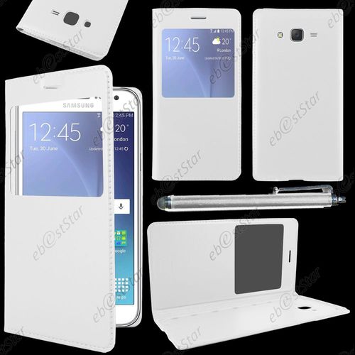Ebeststar ® Housse Coque Etui Style View Portefeuille Pour Samsung Galaxy J5 Sm-J500f, Couleur Blanc + Stylet + 1 Film Protection D'écran + Lingette