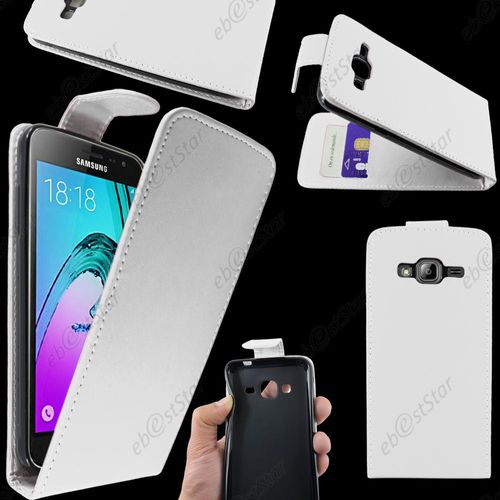 Ebeststar ® Housse Coque Etui Simili Cuir À Rabat Vertical Pour Samsung Galaxy J3 Sm-J300f, Couleur Blanc + 1 Film Protection D'écran + Lingette