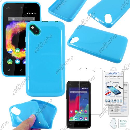 Ebeststar ® Verre Trempé + Housse Etui Coque Souple Silicone Gel Sans Motif Pour Wiko Sunset 2, Couleur Bleu