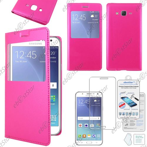 Ebeststar ® Pour Samsung Galaxy J5 Sm-J500f Housse Protection Coque Cover View Portefeuille, Couleur Rose + Film Verre Trempé