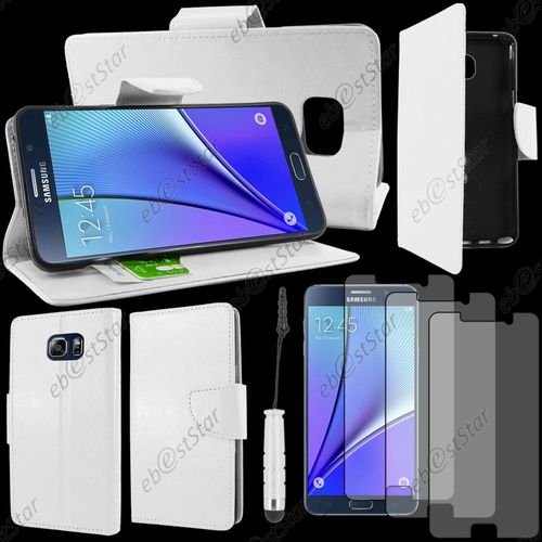 Ebeststar ® Housse Coque Etui Portefeuille Support Folio Simi Cuir Pour Samsung Galaxy Note5 Sm-N920f Note 5, Couleur Blanc + Mini Stylet 3 Film Plastique