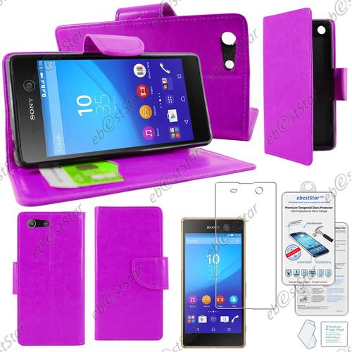 Ebeststar ® Pour Sony Xperia M5, M5 Dual Etui Portefeuille Housse Coque Protection Folio Book Livre, Couleur Violet + Film Verre Trempé