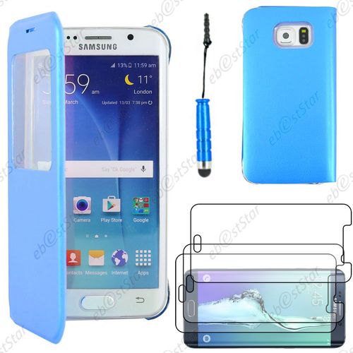 Ebeststar ® Housse Coque Etui Style View Portefeuille Pour Samsung Galaxy S6 Edge Sm-G925f G925, Couleur Bleu + Mini Stylet 3 Film Plastique