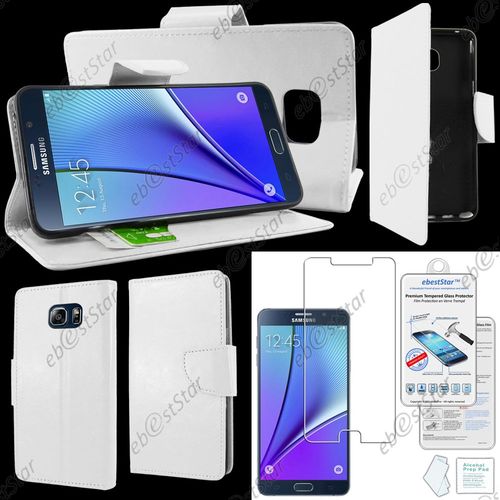 Ebeststar ® Verre Trempé + Housse Coque Etui Portefeuille Support Folio Simi Cuir Pour Samsung Galaxy Note5 Sm-N920f Note 5, Couleur Blanc