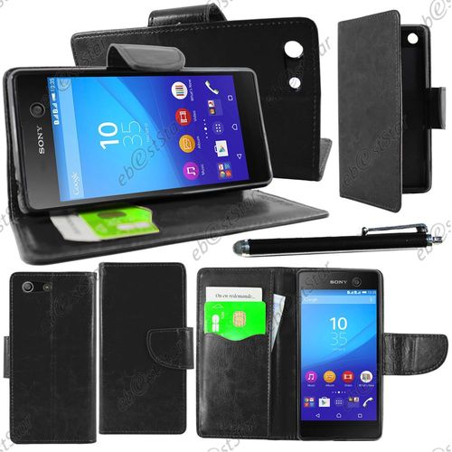 Ebeststar ® Housse Coque Etui Portefeuille Support Folio Simi Cuir Pour Sony Xperia M5, M5 Dual, Couleur Noir + Stylet + 1 Film Protection D'écran + Lingette