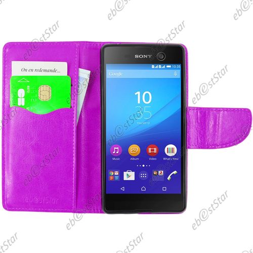 Ebeststar ® Pour Sony Xperia M5, M5 Dual Etui Portefeuille Housse Coque Protection Folio Book Livre, Couleur Violet + 1 Film Protection D'écran + Lingette