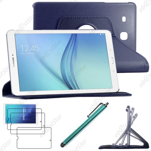 Ebeststar ® Housse Coque Etui Pu Cuir Rotatif Avec Support À Rotation 360° Pour Samsung Galaxy Tab E 9.6 T560, T561, Couleur Bleu Foncé + Stylet 3 Film Plastique