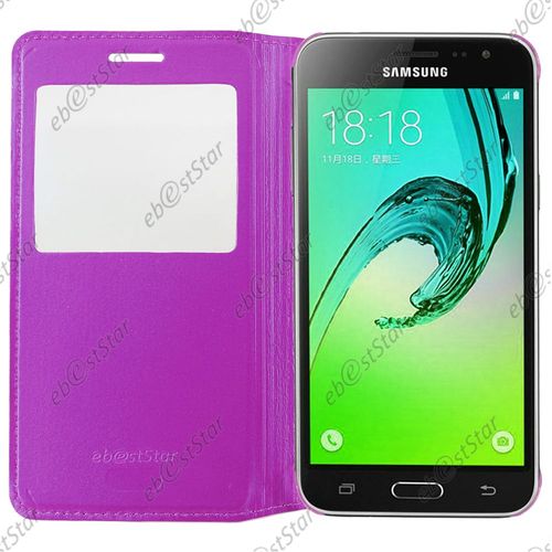 Ebeststar ® Pour Samsung Galaxy J3 Sm-J300f Housse Protection Coque Cover View Portefeuille, Couleur Violet + 1 Film Protection D'écran + Lingette
