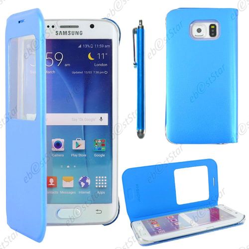 Ebeststar ® Housse Coque Etui Style View Portefeuille Pour Samsung Galaxy S6 Edge Sm-G925f G925, Couleur Bleu + Stylet + 1 Film Protection D'écran + Lingette