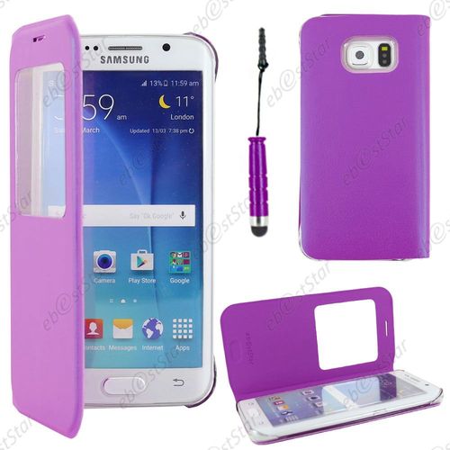 Ebeststar ® Housse Coque Etui Style View Portefeuille Pour Samsung Galaxy S6 Edge Sm-G925f G925, Couleur Violet + Mini Stylet + 1 Film Protection D'écran + Lingette