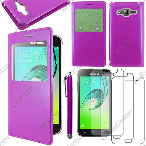 Ebeststar ® Housse Coque Etui Style View Portefeuille Pour Samsung Galaxy J3 Sm-J300f, Couleur Violet + Stylet 3 Film Plastique