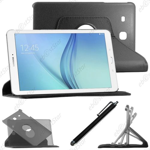 Ebeststar ® Housse Coque Etui Pu Cuir Rotatif Avec Support À Rotation 360° Pour Samsung Galaxy Tab E 9.6 T560, T561, Couleur Noir + Stylet + 1 Film Protection D'écran + Lingette