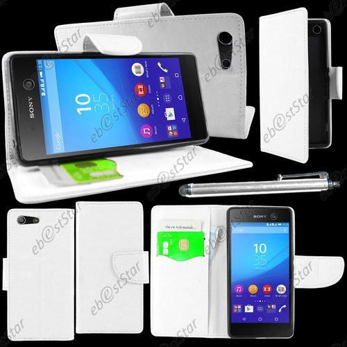 Ebeststar ® Housse Coque Etui Portefeuille Support Folio Simi Cuir Pour Sony Xperia M5, M5 Dual, Couleur Blanc + Stylet + 1 Film Protection D'écran + Lingette
