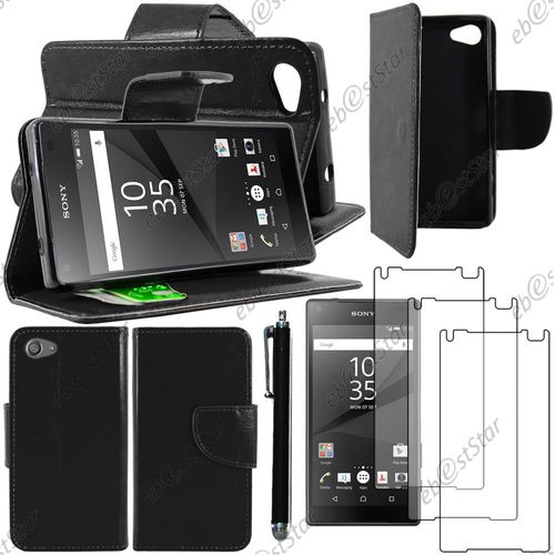 Ebeststar ® Housse Coque Etui Portefeuille Support Folio Simi Cuir Pour Sony Xperia Z5 Compact, Couleur Noir + Stylet 3 Film Plastique