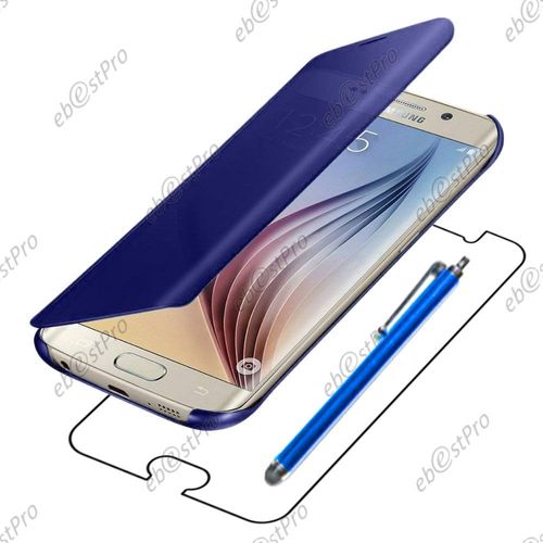 Ebeststar ® Housse Coque Etui View Clear Cover Miroir Pour Samsung Galaxy S6 Edge + Sm-G928f Edge Plus, Couleur Bleu Foncé + Stylet + 1 Film Protection D'écran + Lingette