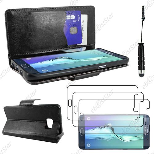 Ebeststar ® Housse Coque Etui Portefeuille Support Folio Simi Cuir Pour Samsung Galaxy S6 Edge Sm-G925f G925, Couleur Noir + Mini Stylet 3 Film Plastique