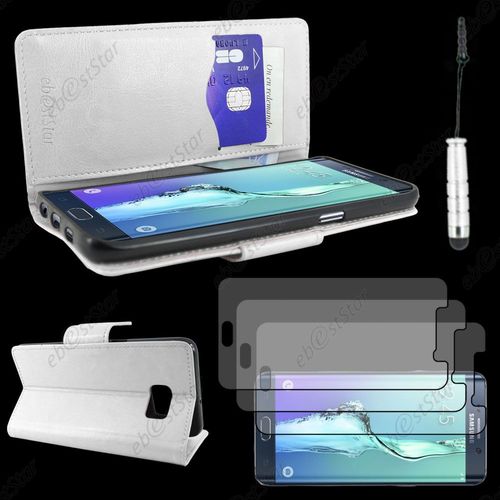 Ebeststar ® Housse Coque Etui Portefeuille Support Folio Simi Cuir Pour Samsung Galaxy S6 Edge Sm-G925f G925, Couleur Blanc + Mini Stylet 3 Film Plastique