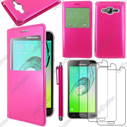 Ebeststar ® Housse Coque Etui Style View Portefeuille Pour Samsung Galaxy J3 Sm-J300f, Couleur Rose + Stylet 3 Film Plastique