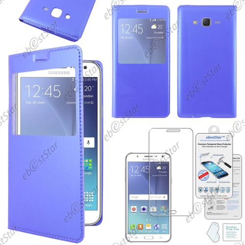 Ebeststar ® Pour Samsung Galaxy J5 Sm-J500f Housse Protection Coque Cover View Portefeuille, Couleur Bleu + Film Verre Trempé