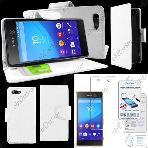 Ebeststar ® Verre Trempé + Housse Coque Etui Portefeuille Support Folio Simi Cuir Pour Sony Xperia M5, M5 Dual, Couleur Blanc