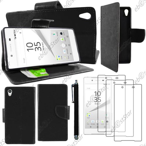 Ebeststar ® Housse Coque Etui Portefeuille Support Folio Simi Cuir Pour Sony Xperia Z5, Z5 Dual, Couleur Noir + Stylet 3 Film Plastique