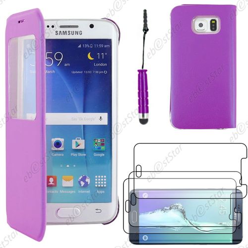 Ebeststar ® Housse Coque Etui Style View Portefeuille Pour Samsung Galaxy S6 Edge Sm-G925f G925, Couleur Violet + Mini Stylet 3 Film Plastique