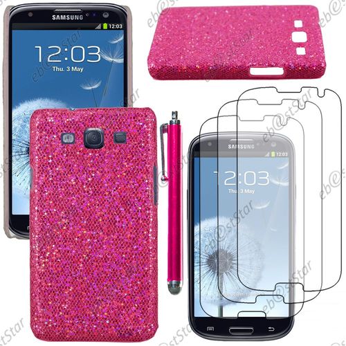 Ebeststar ® Etui Housse Coque Rigide À Paillettes Pour Samsung Galaxy S3 I9300 I9305, Couleur Rose + Stylet 3 Film Plastique