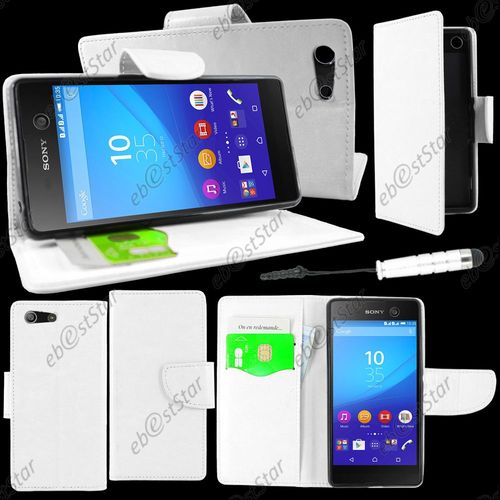 Ebeststar ® Housse Coque Etui Portefeuille Support Folio Simi Cuir Pour Sony Xperia M5, M5 Dual, Couleur Blanc + Mini Stylet + 1 Film Protection D'écran + Lingette