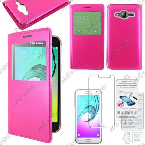 Ebeststar ® Pour Samsung Galaxy J3 Sm-J300f Housse Protection Coque Cover View Portefeuille, Couleur Rose + Film Verre Trempé