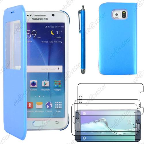 Ebeststar ® Housse Coque Etui Style View Portefeuille Pour Samsung Galaxy S6 Edge Sm-G925f G925, Couleur Bleu + Stylet 3 Film Plastique