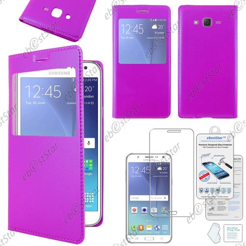 Ebeststar ® Pour Samsung Galaxy J5 Sm-J500f Housse Protection Coque Cover View Portefeuille, Couleur Violet + Film Verre Trempé