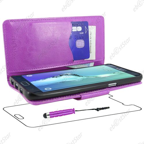Ebeststar ® Housse Coque Etui Portefeuille Support Folio Simi Cuir Pour Samsung Galaxy S6 Edge Sm-G925f G925, Couleur Violet + Mini Stylet + 1 Film Protection D'écran + Lingette