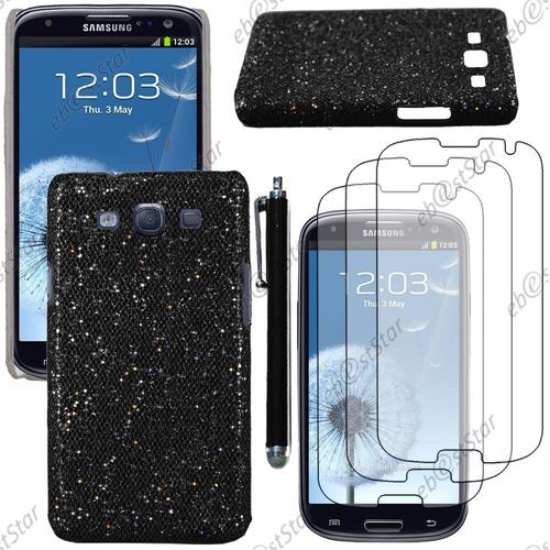 Ebeststar ® Etui Housse Coque Rigide À Paillettes Pour Samsung Galaxy S3 I9300 I9305, Couleur Noir + Stylet 3 Film Plastique