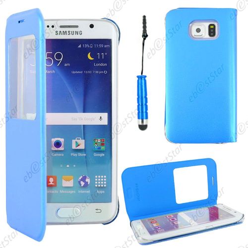 Ebeststar ® Housse Coque Etui Style View Portefeuille Pour Samsung Galaxy S6 Edge Sm-G925f G925, Couleur Bleu + Mini Stylet + 1 Film Protection D'écran + Lingette