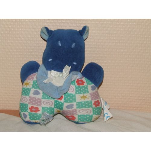 Hippopotame Sucre D'orge Bleu Grelot Doudou 15 Cm
