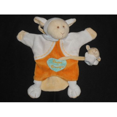 Doudou Peluche Marionnette Mouton Blanc  Orange Jaune Et Bleu Et Son Bébé Marionnette - Doudou Et Compagnie