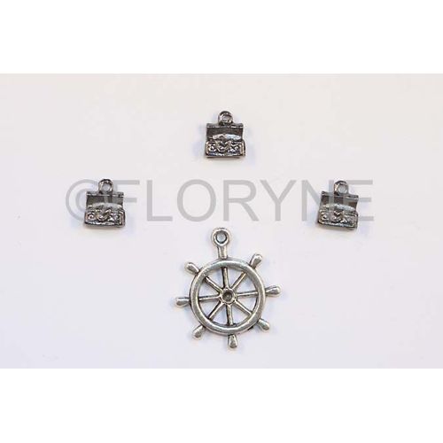 Breloques Charms Pendants : 3 Coffres De Bateau, 1 Gouvernail En Métal Argenté